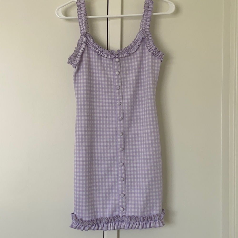 Purple gingham dress with ruffles
